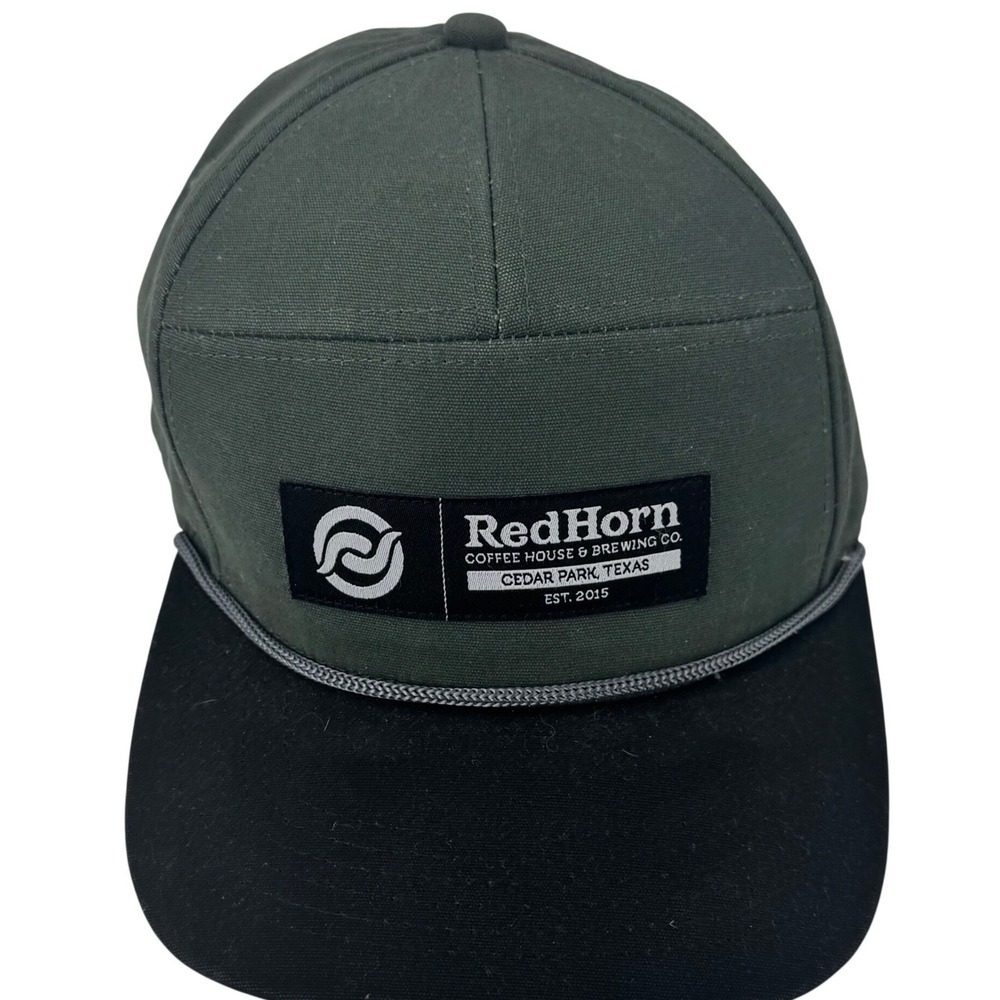 Red Horn Coffee House Brewing Co Brist Mfg 7-Panel Snapback Hat Green Black Rope